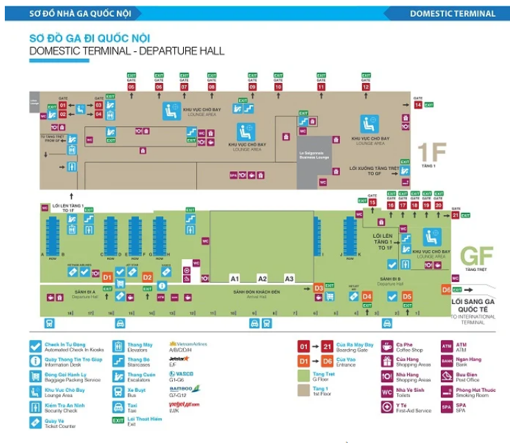Sơ đồ chi tiết sân bay Tân Sơn Nhất: Ga quốc nội và quốc tế