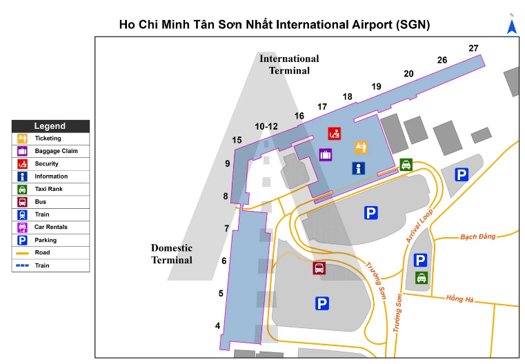 Sơ đồ chi tiết sân bay Tân Sơn Nhất: Ga quốc nội và quốc tế 1